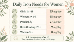 Daily iron recommendations: 15 mg for girls 14–18, 18 mg for women 19–50, 27 mg during pregnancy, 9 mg while breastfeeding, and 8 mg for women 51 and older