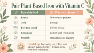 Plant-based iron and vitamin C pairings, including lentils with tomatoes or peppers, tofu with broccoli, cereal with berries or kiwi, chickpeas with lemon and tomatoes, and spinach with strawberries or peppers