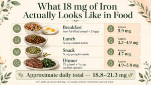 Example day providing approximately 18.8 to 21.3 mg of iron from fortified cereal and eggs, lentils, pumpkin seeds, beef and cooked spinach