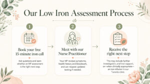 Higher Health low iron process: book a free 15-minute call, meet with a Nurse Practitioner, and receive an appropriate next-step recommendation