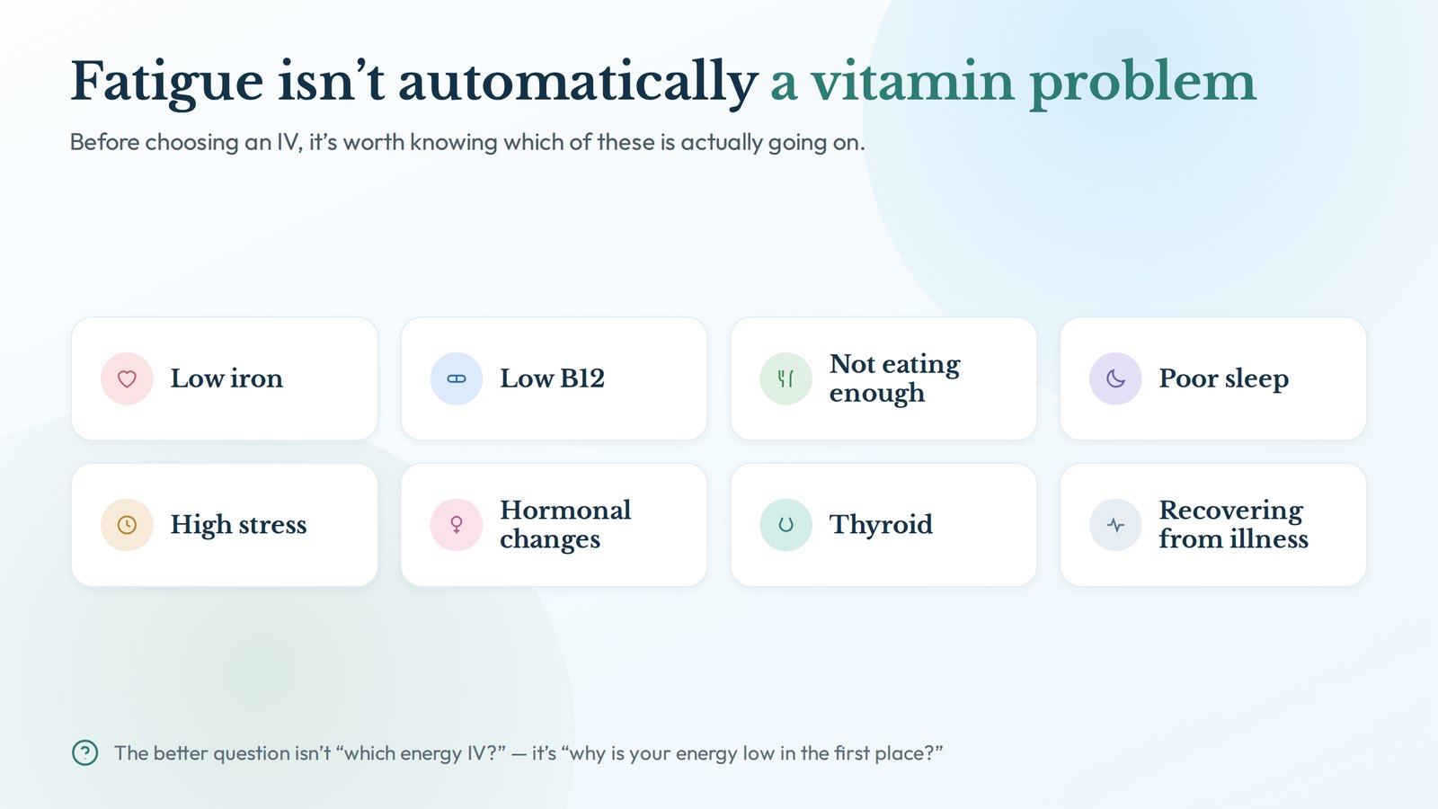 Eight possible causes of fatigue including low iron, low B12, not eating enough, poor sleep, high stress, hormonal changes, thyroid and recovery from illness
